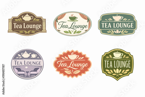 Set of retro-style tea lounge badges and emblems. Each design incorporates teapots, teacups, and leafy elements for cafe branding