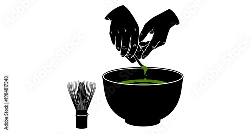 Hands whisking matcha tea in bowl with bamboo whisk silhouette against white background