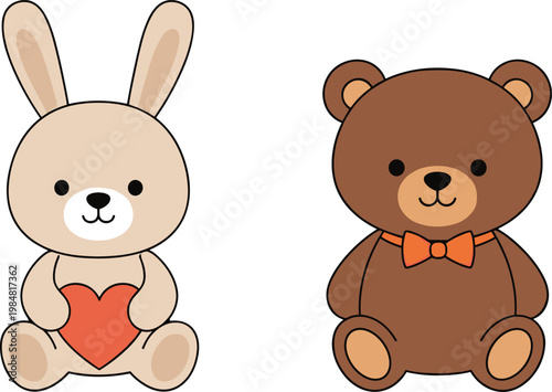 Cute teddy bear and bunny cartoon vector illustration with heart and bow isolated on white background