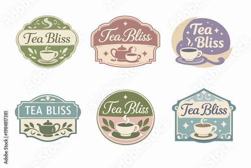 Various tea bliss logo designs presenting teacups, teapots, steam, and leaves in vintage style for branding