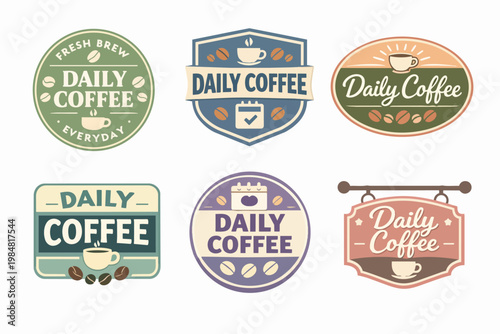Set of coffee shop badges with cups, beans, and daily coffee text, ideal for cafes, restaurants, and product branding