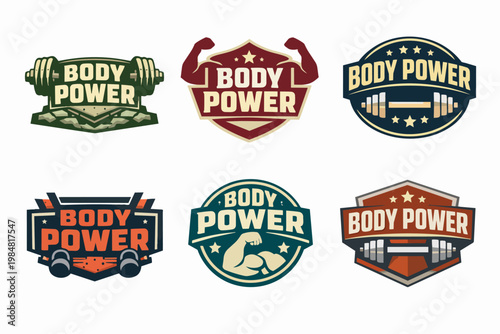 Collection of bodybuilding and weightlifting sport badges, gym emblems set for fitness training and strength concepts