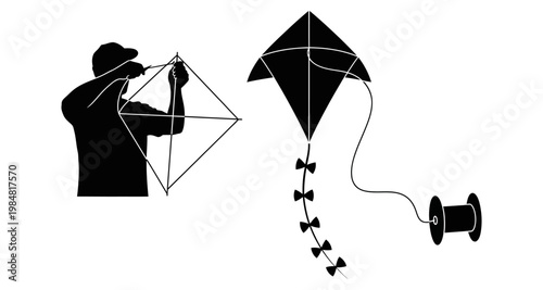 Man assembling kite during golden hour with spool of string silhouette