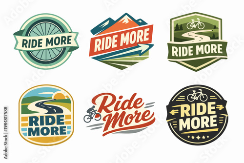 Collection of ride more cycling logos with vintage style, depicting bikes, mountains, and roads for outdoor adventure concepts