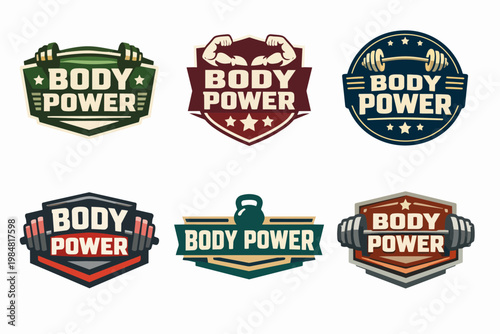 Body power logo templates for gym, weightlifting, strongman, health, and sport branding on a white background