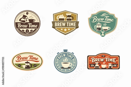 Retro coffee logos and badges featuring coffee pots, cups, beans, and hourglasses, conveying a vintage brew time theme