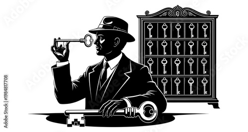 Man holding a key in front of a cabinet full of keys silhouette
