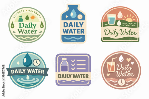 Daily water intake badges promoting healthy hydration habits and wellness, featuring bottles, drops, and time reminders