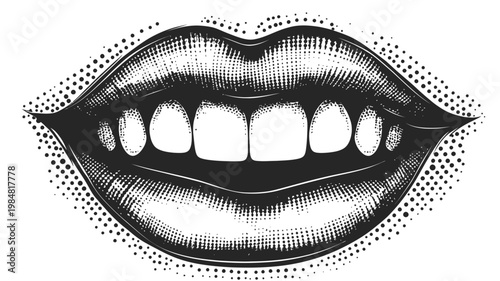 A close-up vector illustration of smiling lips and teeth with a dotted design