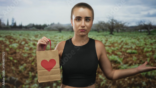 Fotografi Woman with short hair holds a paper bag with a red heart, hand to chest and reaching gesture in a forest field; hesitation offering