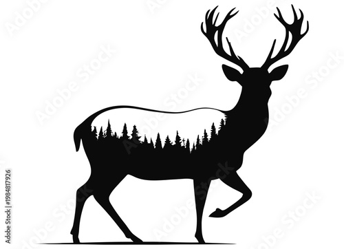 Black silhouette of a deer with trees on its back in a vector graphic illustration