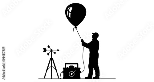 Meteorologist holding balloon with weather station equipment during atmospheric research