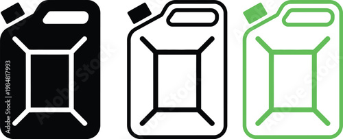 Three distinct jerry can designs displayed in black and white with green outline variations.