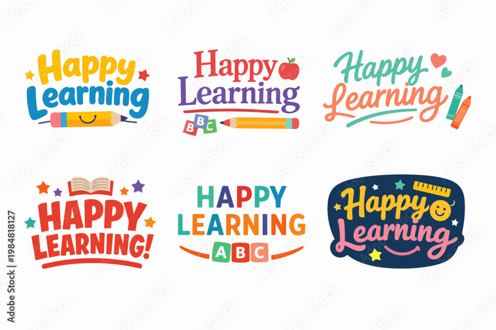 Fototapeta premium Happy learning badges promoting education, school, and academic growth through colorful typography and stationery