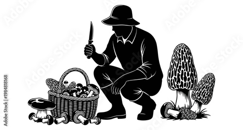 Mushroom hunter with basket and knife during foraging in silhouette against white background