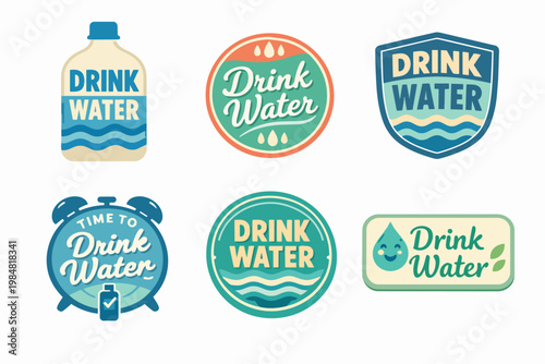 Hydration reminder labels promoting healthy lifestyle, drinking water, and wellness concepts
