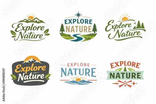 Set of outdoors adventure and camping logos, badges, and emblems with text explore nature, ideal for tourism