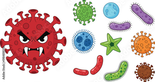 Cartoon Virus and Bacteria Illustration Set with Microorganism Characters for Medical Education, Infection Awareness, and Healthcare Design Concepts