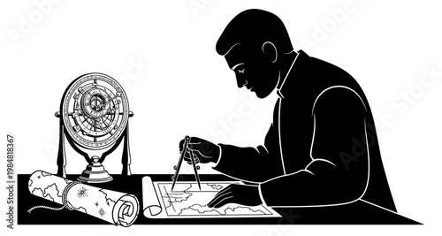 Navigator with astrolabe and map plotting course during exploration in silhouette