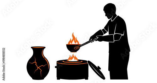 Potter placing pottery into kiln for firing with flames during crafting process silhouette