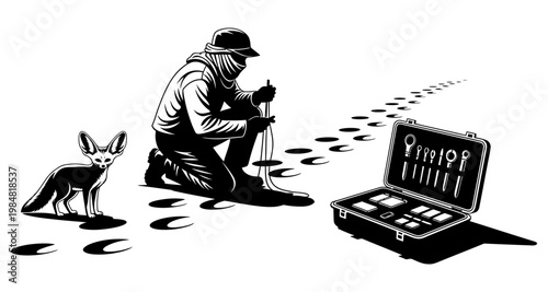 Person with tools and fennec fox leaving footprints during daytime silhouette