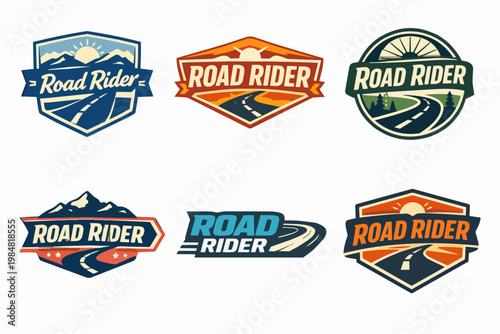 Road rider badge vector set featuring vintage style logos with highways, mountains, and sun for travel and adventure themes