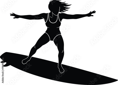 Black and white silhouette of a woman surfer balancing on a surfboard longboard for summer beach sports and ocean lifestyle.