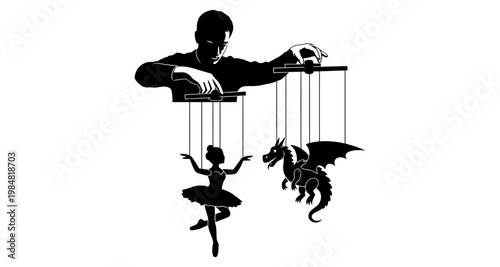 Puppeteer controlling a ballerina and dragon with strings during a dramatic performance silhouette