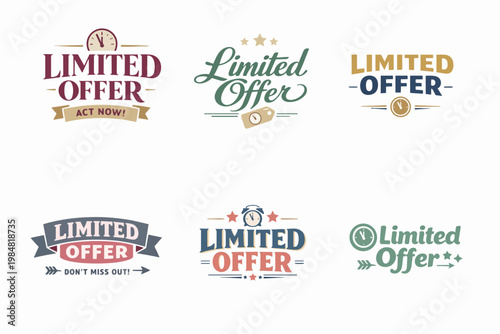 Limited offer badges showcasing different styles for sale, discount, promotion, and marketing campaigns