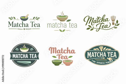Matcha tea logo collection showcasing various designs with bowls, whisks, and green leaves for branding and packaging