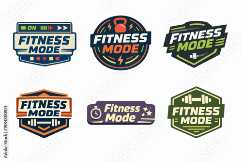 Fitness mode labels set with workout equipment, barbells, dumbbells, and kettlebells for gym and training concepts
