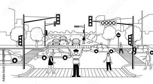 Busy city intersection with traffic signals cars pedestrians and a traffic controller traffic light intersection pedestrians transportation crosswalk regulation vehicles