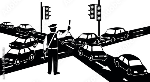 Traffic police officer directing cars at a busy multi-lane intersection with traffic light traffic jam black and white multiple lanes intersection transportation direction
