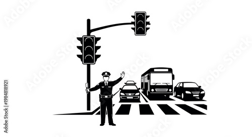 Traffic police officer directing traffic at a red light cars and a bus traffic control law enforcement traffic management traffic signal hand signal intersection