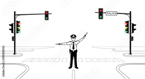 Traffic warden signaling at a pedestrian crossing with traffic lights indicating red and green traffic control line art traffic flow traffic management road user regulation
