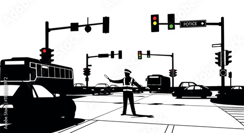 Busy city intersection with traffic signals cars bus and a traffic controller traffic lights traffic signal intersection transportation crosswalk regulation vehicles