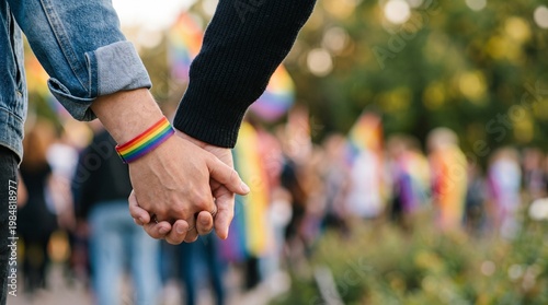 Close up of same sex couple holding hands at pride parade. LGBT people wearing rainbow wristband supporting diversity, equality and human rights during outdoor community festival event.