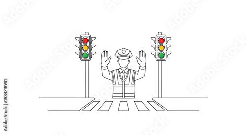 Traffic controller wearing a high visibility vest and cap hands raised standing between two traffic lights at a crosswalk safety vest line art crosswalk regulation