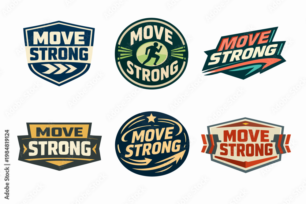 Fototapeta premium Move strong logo collection featuring various badge designs for fitness, sports, and athletic branding concepts