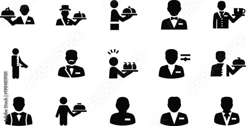 Set of icons representing restaurant staff and service roles with bow tie restaurant waitress