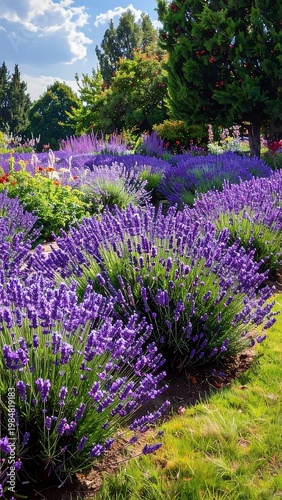 Lush lavender field under a bright blue sky dotted with clouds, framed by trees in a summer garden
