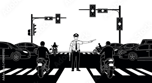 Police officer directing traffic on a busy city street with cars and motorcycles traffic lights pedestrian crossing zebra crossing intersection motorcycles transport