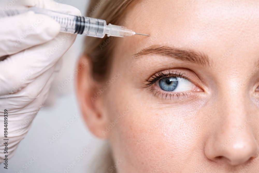 Naklejka premium Woman receiving aesthetic facial injection for skin rejuvenation and anti aging treatment.