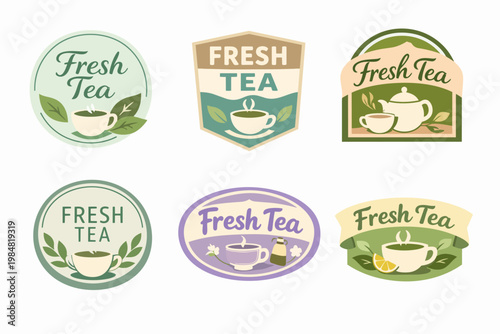 Fresh tea labels collection featuring various badge designs, hot beverage cups, green leaves, teapots, and lemon slices