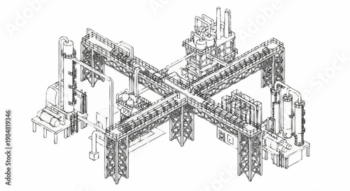 Industrial complex with interconnected structures and machinery, presented as a technical drawing.