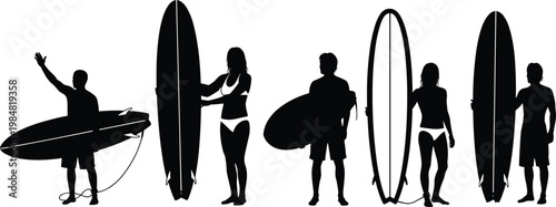 Black silhouettes of male and female surfers standing with their surfboards on white background for summer beach sports or lifestyle.
