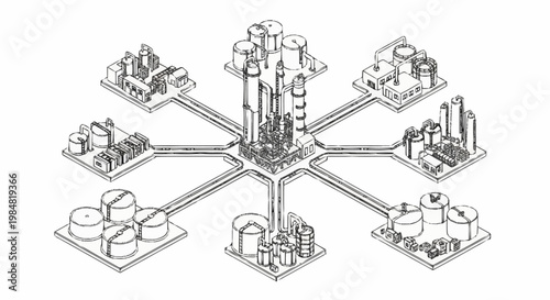 Industrial complex diagram showing interconnected manufacturing facilities and storage tanks.