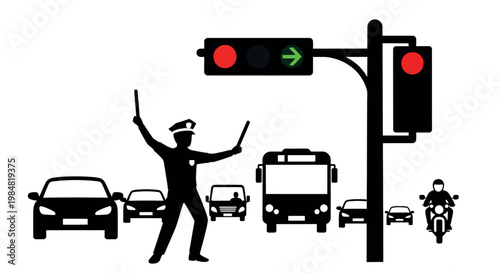 Silhouette of traffic police officer with batons directing traffic at intersection with cars bus motorcycle traffic lights green light traffic management silhouette direction