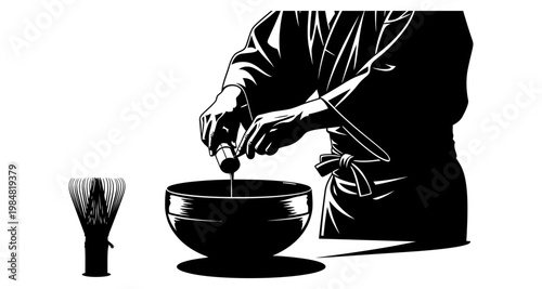 Silhouette of a person preparing matcha tea with a whisk and bowl