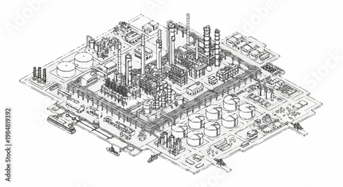 Detailed isometric illustration of a complex industrial chemical plant with intricate piping and storage tanks.